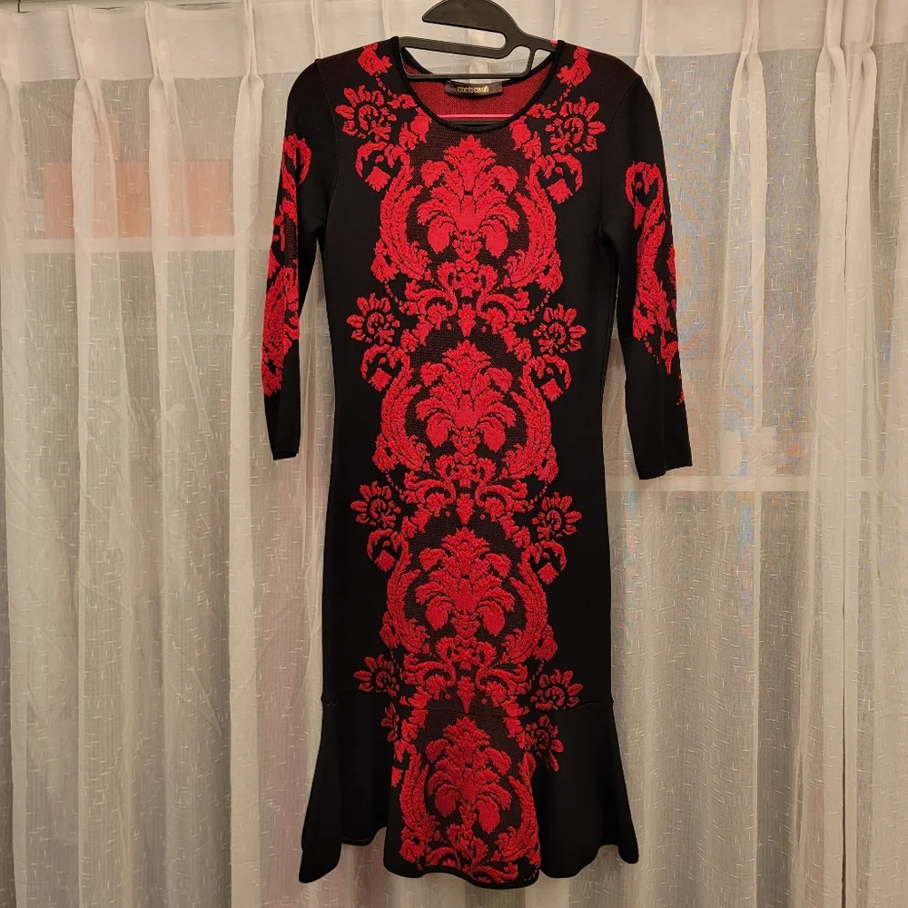 Roberto Cavalli Bodycon Long Sleeve Sweater Dress Black & Red Size XS - Picture 1 of 17